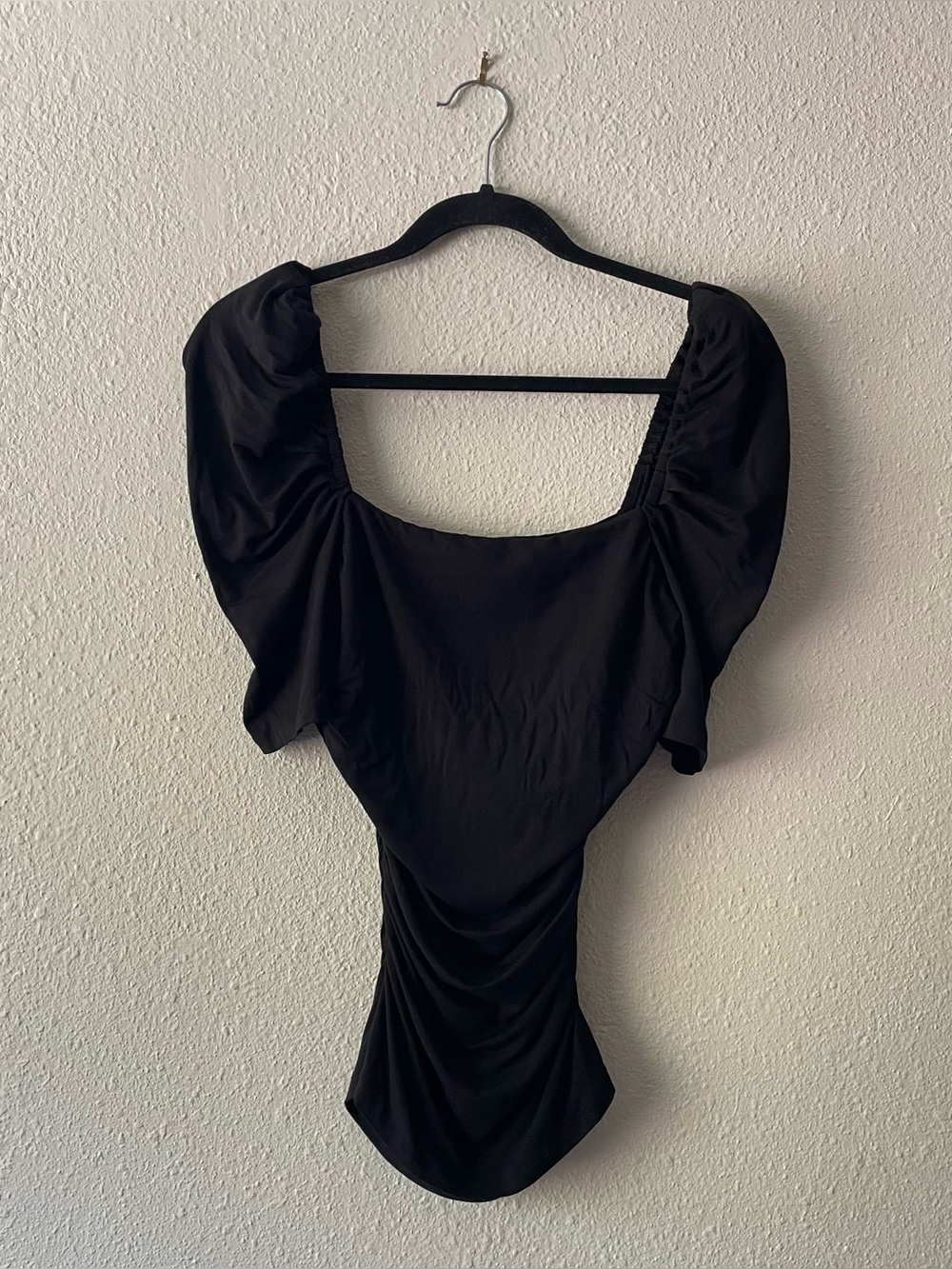 FRAME Betty Shirred Square Neck Knit Top Noir XS Puff Sleeve Modal